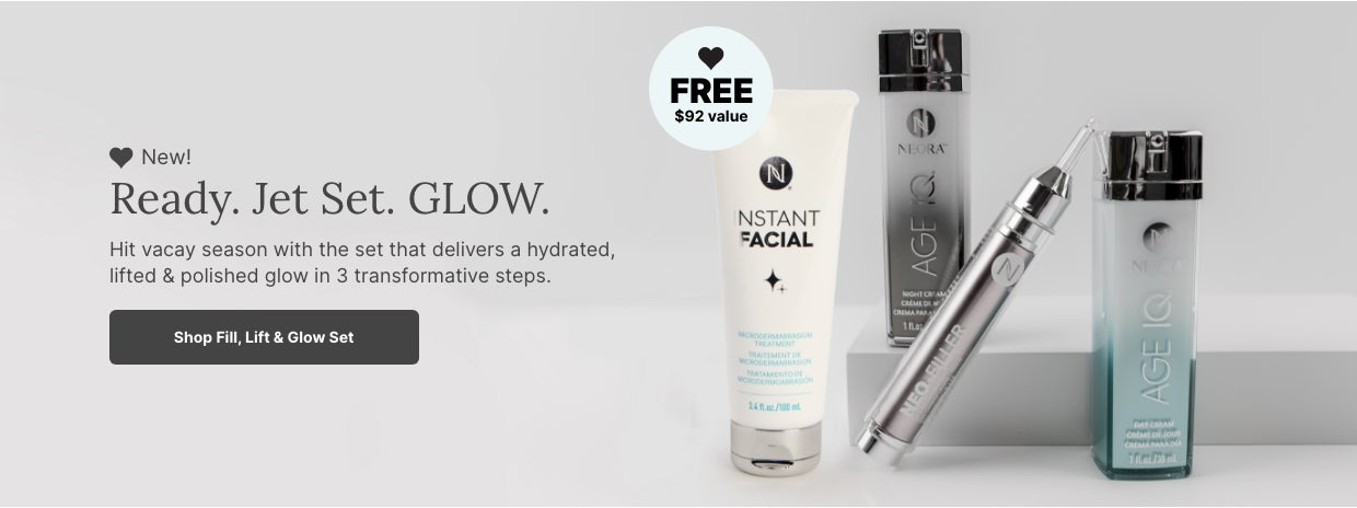 Buy the NEW! Lift, Fill & Glow Set in May, June and July and score a FREE Instant Facial Microdermabrasion Treatment. Featured is the new skincare set.